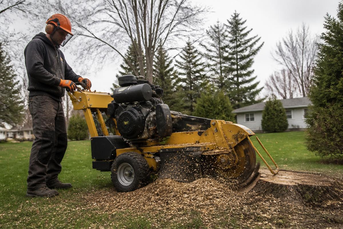 Stump grinder removing a tree stump in a residential yard